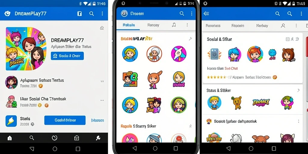 Tampilan antarmuka DREAMPLAY77 dengan berbagai stiker dan opsi status.